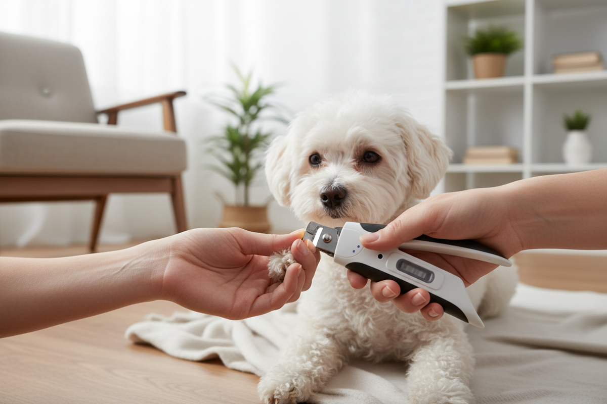Cortauñas LED profesional siendo usado en pata de perro - Luz integrada